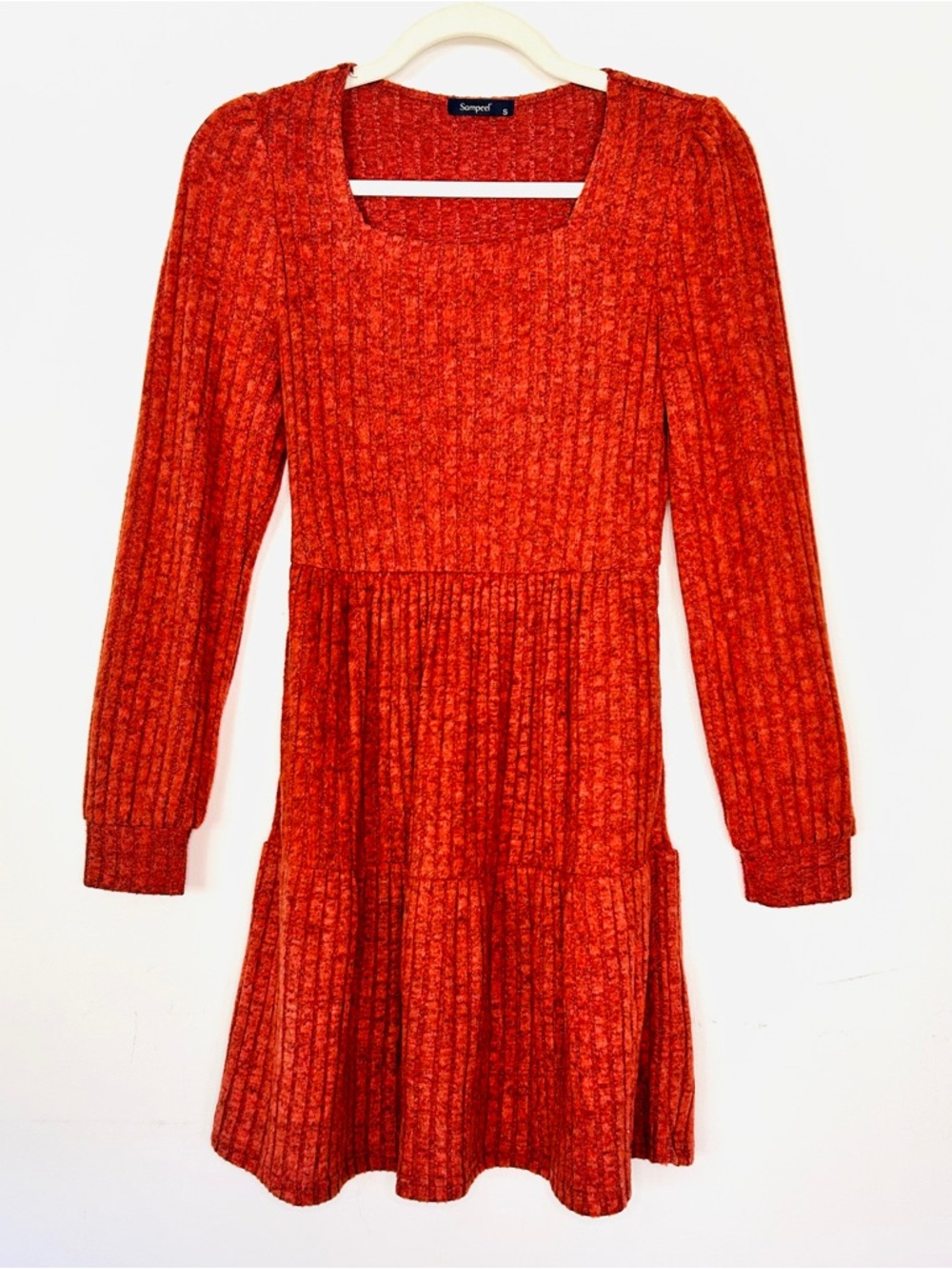 SAMPEEL Terra Cotta Long Sleeve Tiered Ribbed Knit Mini Dress Size S